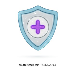 Un escudo brillante 3d de estilo realista. Pantalla con símbolo de cruz purpado. Seguridad, garantizada, icono de protección médica. Elementos de diseño de representación de vectores.