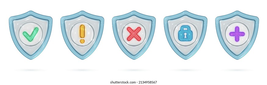3D glänzender Schild im realistischen Stil. Glasbildschirme mit Prüfzeichen, Ausrufezeichen, Kreuz- und Sperrsymbol. Sicherheit, garantiert, medizinisches Schutzsymbol. Design-Elemente des Vektorgrafik-Renderings.