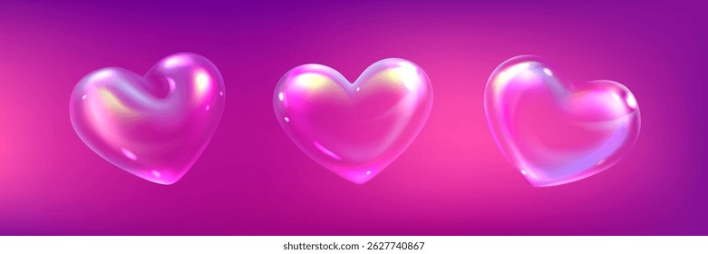 3d glossy shiny soap bubbles heart shapes on pink - romantic love symbols, cute cartoon design elements for Valentine day greeting card, wedding invitation or girl birthday party. Bright bubbly hearts