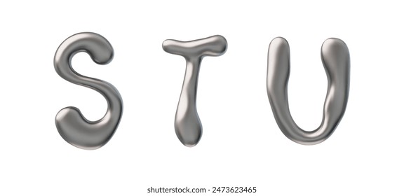 3D glossy silver capital letters S T U with liquid metal surface vector render set. Voluminous y2k font type flux design. Realistic chrome 3d bubble stylized text, melted steel letter