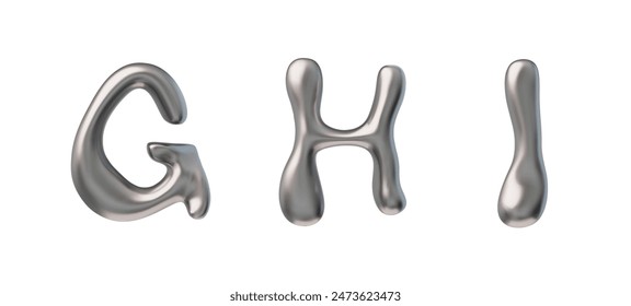 3D glossy silver capital letters G H I with liquid metal surface vector render illustration. Voluminous y2k font type flux design. Realistic melted steel letter. Chrome 3d bubble stylized text