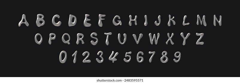 Letras mayúsculas 3D de plata brillante del alfabeto inglés y los números. Vector Y2K font render diseño de acero fundido. Símbolos tipográficos estilizados de burbuja 3d de volumen realista con superficie de metal líquido