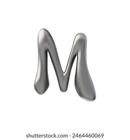 3D glossy silver letter M with liquid metal surface vector render illustration. Voluminous y2k font type. Realistic 3d balloon stylized text, melted steel capital letter. Chrome bubble typeface design