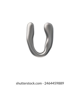 3D glossy silver letter U with liquid metal surface vector render illustration. Realistic 3d metallic balloon form y2k font, melted steel capital letter. Shiny voluminous chrome bubble typeface design