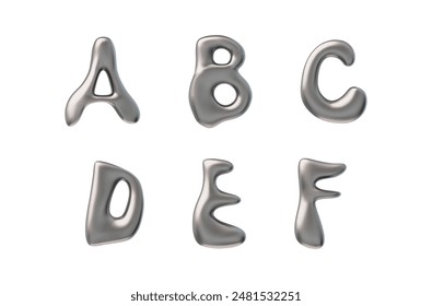 Letras 3D plateadas brillantes A B C D E F con Ilustración vectorial de superficie de metal líquido. Tipo de fuente y2k del volumen. Letras mayúsculas de acero fundido realistas. Alfabeto de burbujas de cromo, texto estilizado con globo 3D