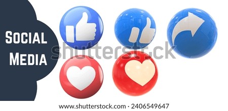 3d glossy social media icon set. Love, comment, share and save. Glossy apps buttons. 3D minimal vector illustration