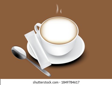 3D Glossy Stick sachet bag mockup and Cup of coffee background. Vector illustration. Food and beverage Packaging concept design.