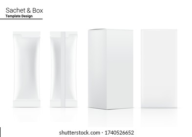 3D Glossy Stick sachet Front and Back with paper box mockup isolated on white background. Vector illustration. Food and beverage Packaging concept design.