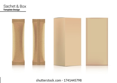 3D Glossy Stick sachet Front and Back with paper box mockup isolated on white background. Vector illustration. Food and beverage Packaging concept design.