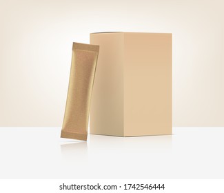 3D Glossy Stick sachet Front and Back with paper box mockup isolated on white background. Vector illustration. Food and beverage Packaging concept design.