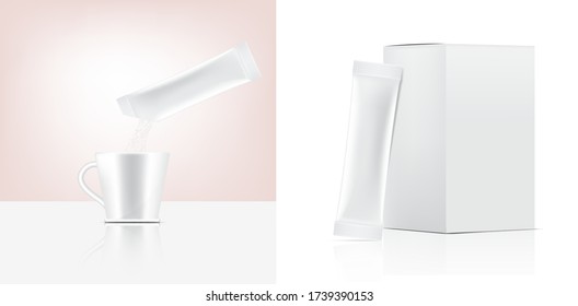 3D Glossy Stick sachet mockup and Pour Powder to Cup of water with paper box isolated on white background. Vector illustration. Food and beverage Packaging concept design.
