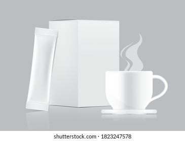 3D Glossy Stick sachet mockup and Cup with paper box isolated on white background. Vector illustration. Food and beverage Packaging concept design.