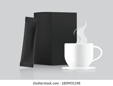 3D Glossy Stick sachet mockup and Cup with paper box isolated on white background. Vector illustration. Food and beverage Packaging concept design.
