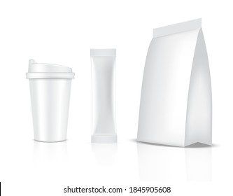 3D Glossy Stick sachet mockup and Cup isolated on white background. Vector illustration. Food and beverage Packaging concept design.