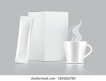 3D Glossy Stick sachet mockup and Cup with paper box isolated on white background. Vector illustration. Food and beverage Packaging concept design.