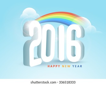 3D glossy text 2016 with colorful waves on cloudy sky background for Happy New Year celebration.