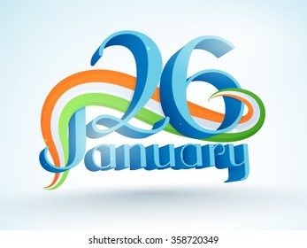 3D glossy text 26 January with National Flag colours waves for Happy Indian Republic Day celebration.