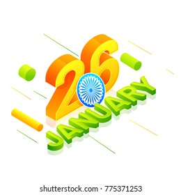 3D glossy text 26th of January in Indian tricolors with ashoka wheel for Happy Republic Day celebration.