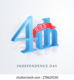3D glossy text 4th of July with red ribbon on national flag waves background for American Independence Day celebration.