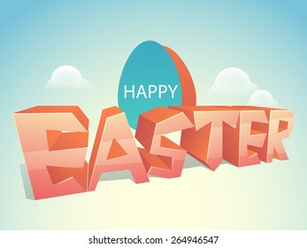 Texto brilhante 3D Páscoa com ovos coloridos no fundo do céu nublado, pode ser usado como cartaz ou banner.