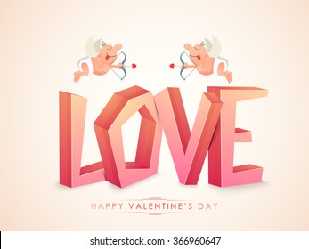 3D glossy text Love with cute cartoon of cupids on glossy background for Happy Valentine's Day celebration.