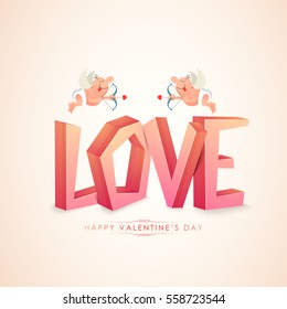 3D glossy Text Love with cute Cupids for Valentine's Day Celebration.