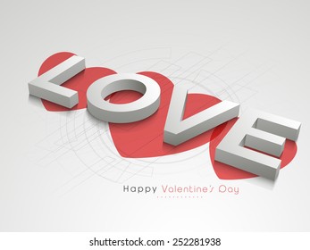 3D glossy text love with red hearts for Happy Valentines Day celebration on hi tech grey background.