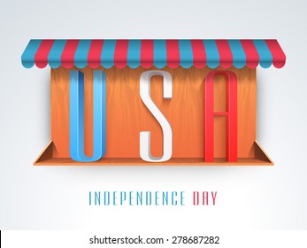 3D glossy text USA under awning for 4th of July, American Independence Day celebration.