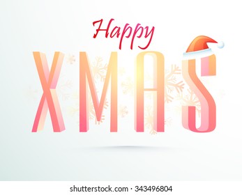3D glossy text Xmas with Santa cap on Snowflakes decorated background for Merry Christmas celebration.