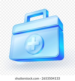 3D glossy transparent blue first aid kit icon with a medical cross, isolated on a transparent background. Perfect for healthcare, emergency, or ui design themes. Vector illustration.