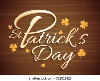 3D glänzende Typografie des St. Patrick's Day auf Shamrock-Blättern verziert, Holzhintergrund.