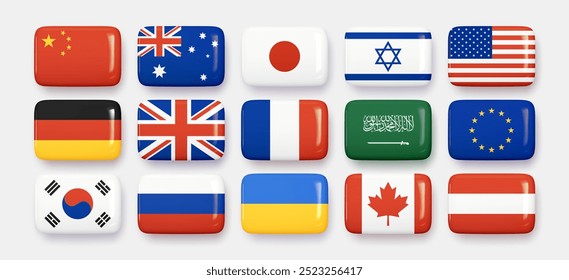 3D glossy versions of international flags in the form of buttons or icons, isolated set on white background. vector illustration