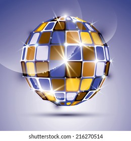 3D glossy violet fractal mirror ball created from geometric figures. Vector festive illustration - eps10 dimensional bright jewel. 