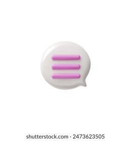 Burbuja de voz 3D de círculo blanco brillante con líneas de texto de color rosa. Vector procesar texto redondo forma de volumen de burbuja. Icono de mensaje de chat, ventana de diálogo en 3D de la nube, cuadro de diálogo