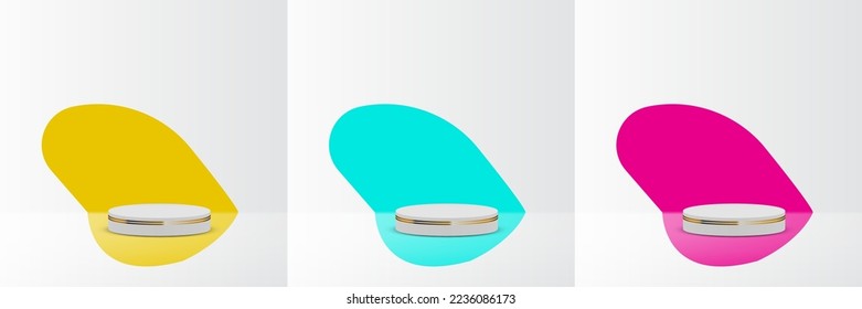 3D Glossy White Round Podium With Golden Lines On Pastel Yellow, Blue And Pink Ellipse. EPS10 Vector - Shutterstock ID 2236086173