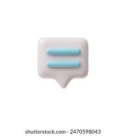 3D glossy white speech bubble with blue text lines, chat message icon. Vector rectangle with rounded corners text bubble volume form. 3d render talking window, dialogue cloud, chatting box