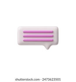 3D glossy white speech bubble with pink text lines vector illustration. Render rectangle with rounded corners text bubble volume form. Chat message icon, dialogue cloud 3d talking window, chatting box