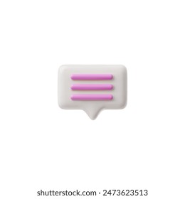 3D glossy white speech bubble with pink text lines. Vector render rectangle with rounded corners text bubble volume form. Chat message icon, dialogue cloud 3d talking window, chatting box