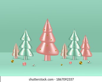 3D Glossy Xmas Trees With Pearls On Aqua Green Background.
