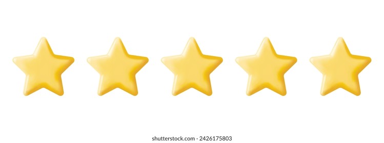 3D Glossy Yellow Five Stars Rating Isolated. Reviews Five Star Realistic Render. Testimonials, Rating, Feedback, Survey, Quality and Review. Achievements or Goal. Vector Illustration