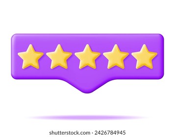 3D Glossy Yellow Five Stars Rating in Bubble Isolated. Reviews Five Star Chat Cloud Realistic Render. Testimonials, Rating, Feedback, Survey, Quality, Review. Achievements or Goal. Vector Illustration