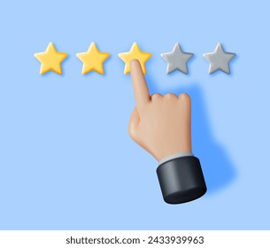 3D Glossy Yellow Five Stars Rating with Hand Isolated. Reviews Five Star Realistic Render. Testimonials, Rating, Feedback, Survey, Quality and Review. Achievements or Goal. Vector Illustration