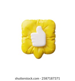 3D glossy yellow inflated balloon speech bubble with thumbs up hand gesture sign vector icon. Render volume chatting box with like, approve message symbol. Social media dialogue cloud notification