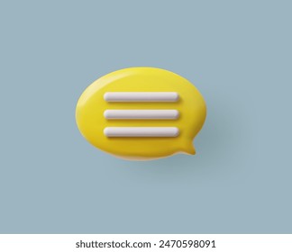 3D glossy yellow speech bubble with white text lines, chat message icon. Vector volume oval with rounded corners text bubble with shadow. Render 3d dialogue cloud, talking window, chatting box