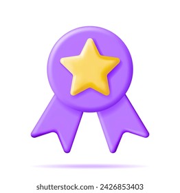 3D Glossy Yellow Star in Purple Circle Shape. Reviews Toy Round Star Realistic Render. Testimonials, Rating, Feedback, Survey, Quality and Review. Achievements or Goal. Vector Illustration