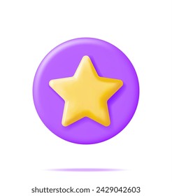 3D Glossy Yellow Star in Purple Circle Shape. Reviews Toy Round Star Realistic Render. Testimonials, Rating, Feedback, Survey, Quality and Review. Achievements or Goal. Vector Illustration