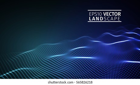 Partículas de onda digital abstractas brillantes 3D. Ilustración vectorial futurista. Elemento HUD. Concepto de Tecnología. Abstractas fondo azul.