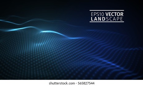 3D glowing abstract digital wave particles. Futuristic vector illustration. HUD element. Technology concept. Abstract blue background.