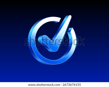 3D glowing blue check mark inside a circular ring on a dark blue gradient background. Blue check mark icon in 3d vector illustration