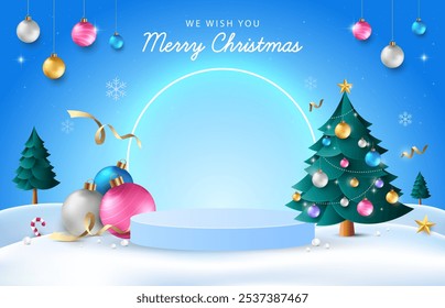 Diseño de Navidades azules brillantes 3d con árbol de Navidad y adornos, con fondo de podio. Plantilla de Vector para tarjetas de felicitación, Anuncio promocional.